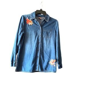 Chico's Denim Embroidered Shirt Size 0/XS 4/6Long Sleeve Button Down Top‎